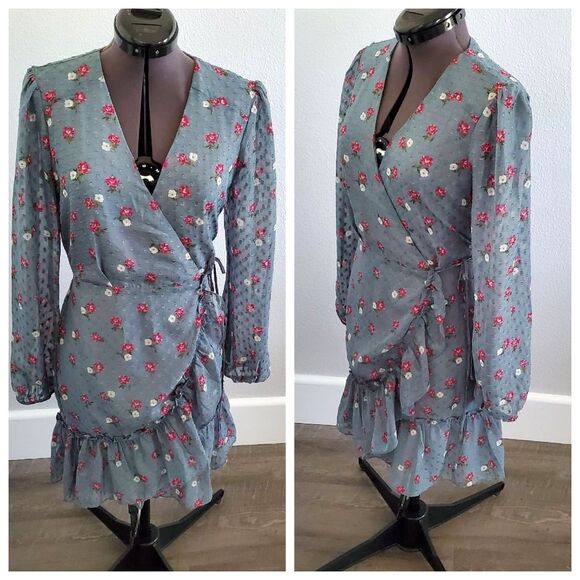 WAYF Women’s Wrap Dress XS Blue Pink Floral Long Sleeve Sheer Romantic - Picture 1 of 13